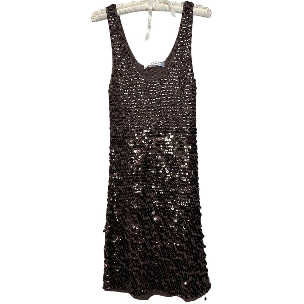 Vintage Y2K Brown Sequin Mini Dress Slip Style Stretch Knit Mesh Scoopneck